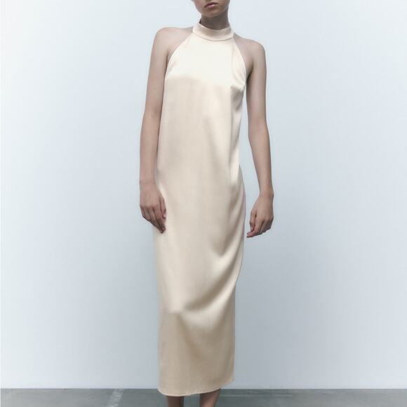 ZARA SATIN EFFECT HALTER DRESS ECRU - Picture 4 of 12